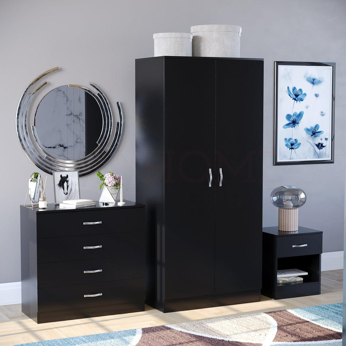 Riano Black Bedroom Furniture Set with 1 Drawer Bedside, 4 Drawer Chest and 2 Door Wardrobe

