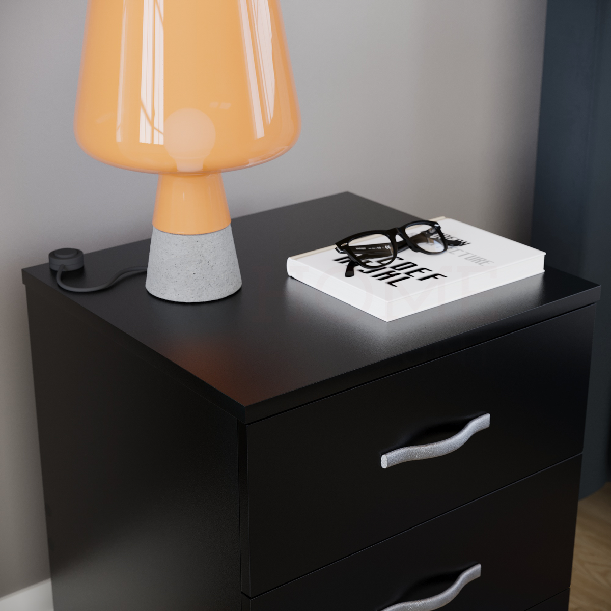 Riano 3-Drawer Bedside Chest, Black