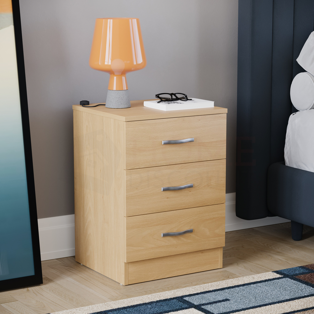Riano 3-Drawer Bedside Chest, Pine