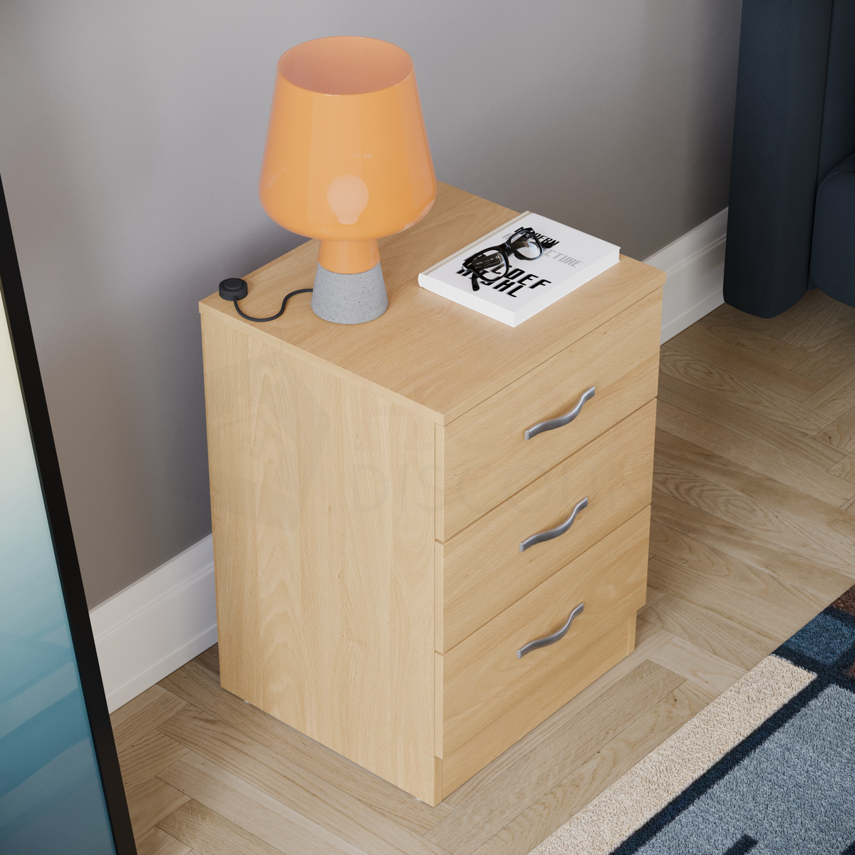 Riano 3-Drawer Bedside Chest, Pine