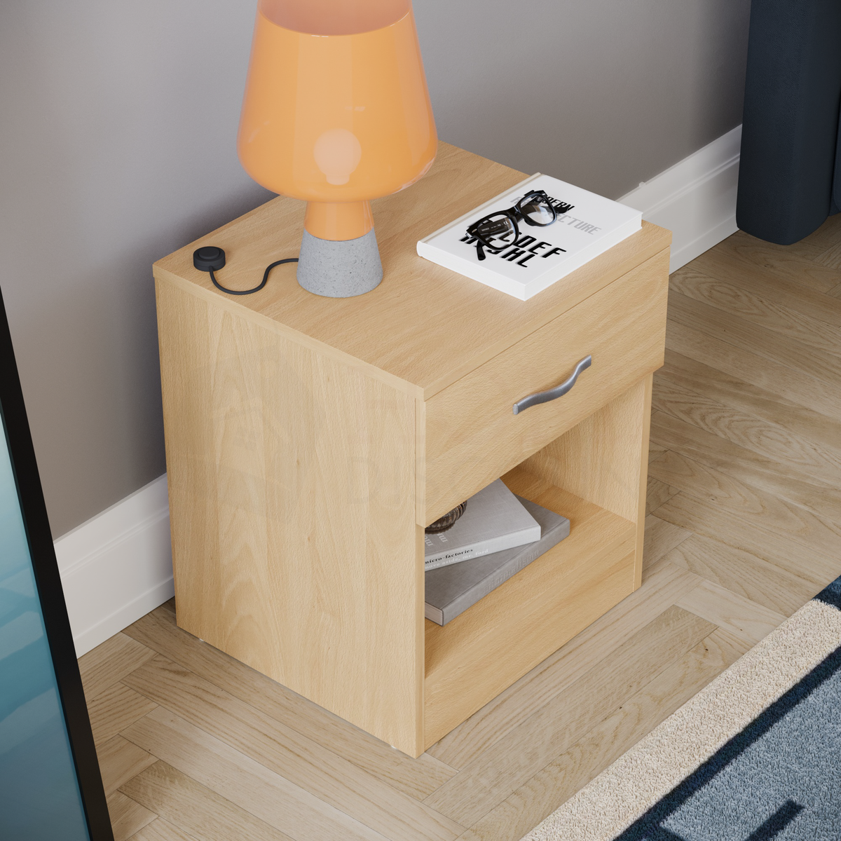 Riano 1-Drawer Bedside Chest, Pine
