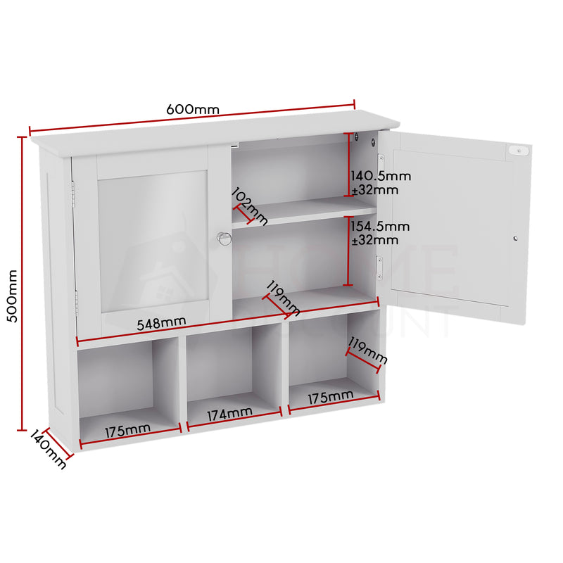 Priano 2-Door Mirrored Wall Cabinet With 3 Compartments - White