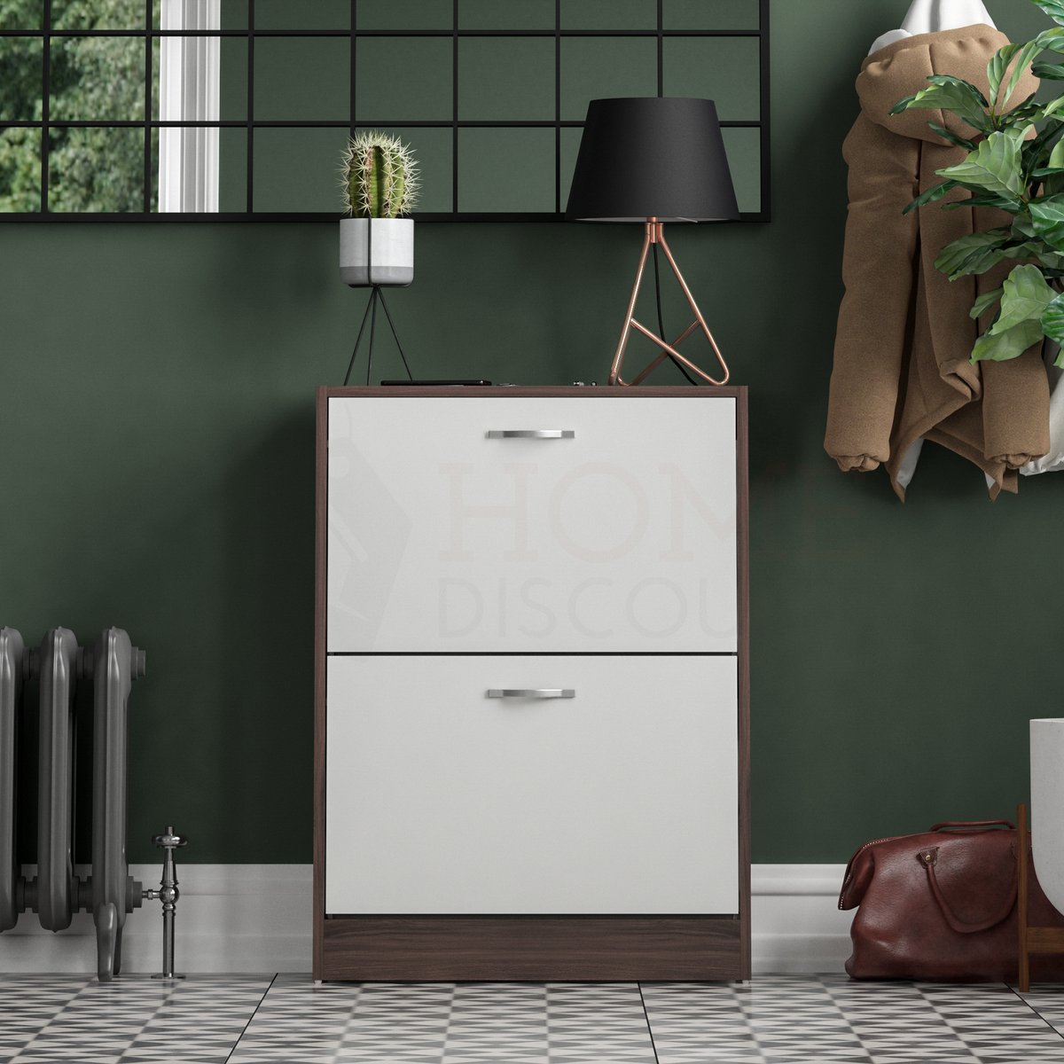 2-Drawer Shoe Cabinet, Walnut & White