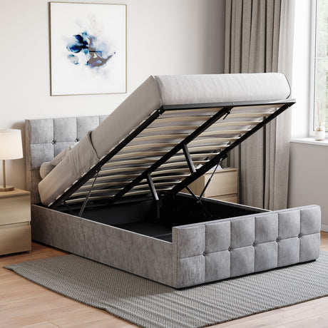 Valentina Double Crushed Velvet Ottoman Bed, Silver upholstered ottoman bed with lift-up storage
