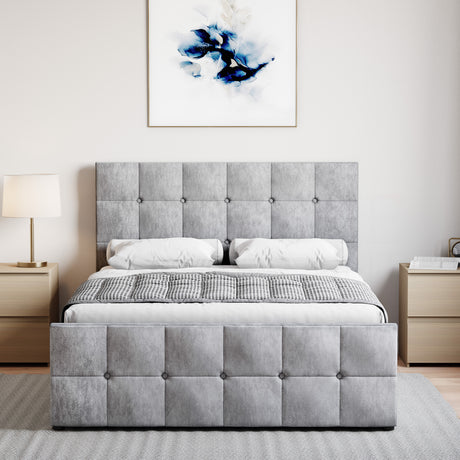 Valentina Double Crushed Velvet Ottoman Bed, Silver upholstered ottoman bed with lift-up storage
