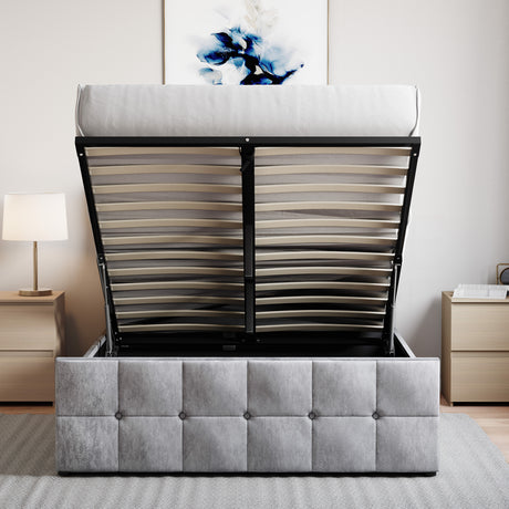 Valentina Double Crushed Velvet Ottoman Bed, Silver upholstered ottoman bed with lift-up storage

