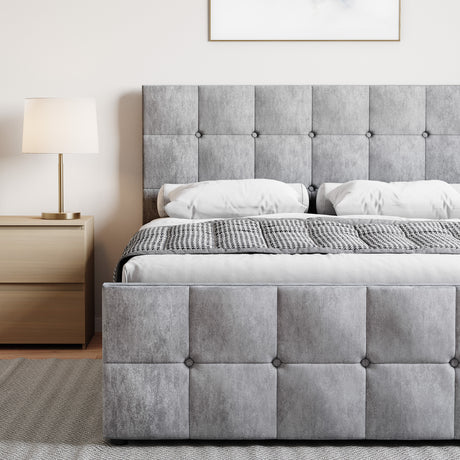 Valentina Double Crushed Velvet Ottoman Bed, Silver upholstered ottoman bed with lift-up storage
