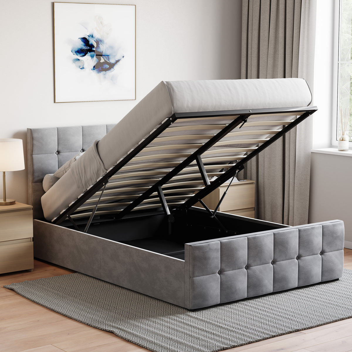 Valentina Double Velvet Ottoman Bed, Light Grey UKFR
