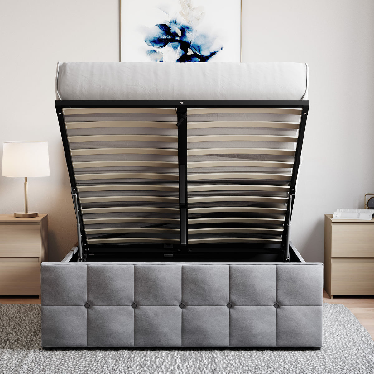 Valentina Double Velvet Ottoman Bed, Light Grey UKFR