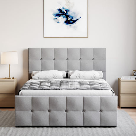 Valentina Double Linen Ottoman Bed, Light Grey upholstered ottoman bed with lift-up storage
