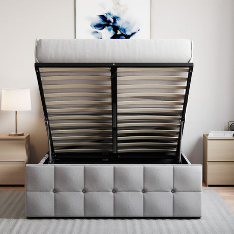 Valentina Double Linen Ottoman Bed, Light Grey upholstered ottoman bed with lift-up storage
