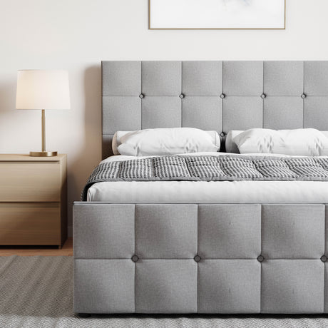 Valentina Double Linen Ottoman Bed, Light Grey upholstered ottoman bed with lift-up storage
