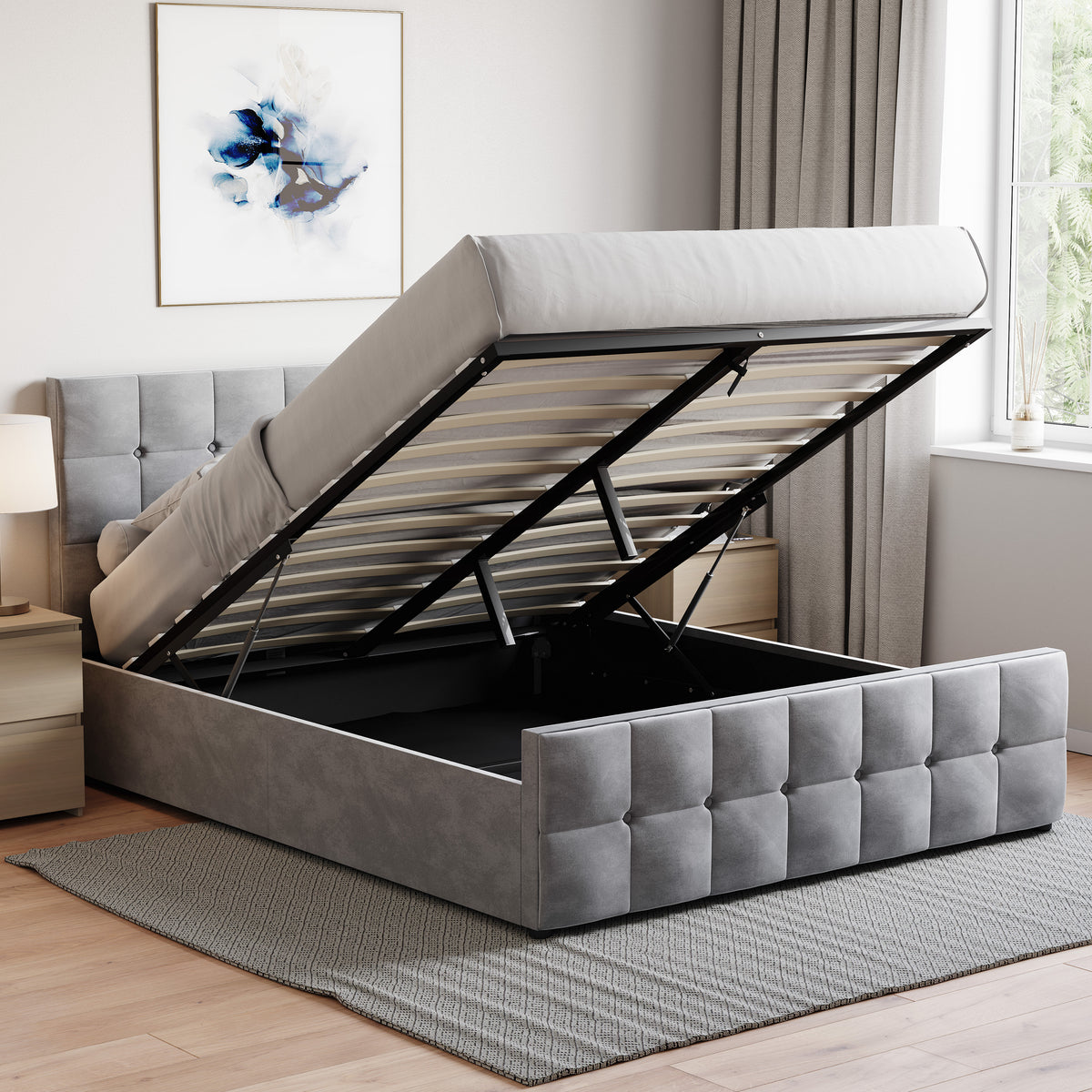 Valentina King Size Velvet Ottoman Bed, Light Grey UKFR