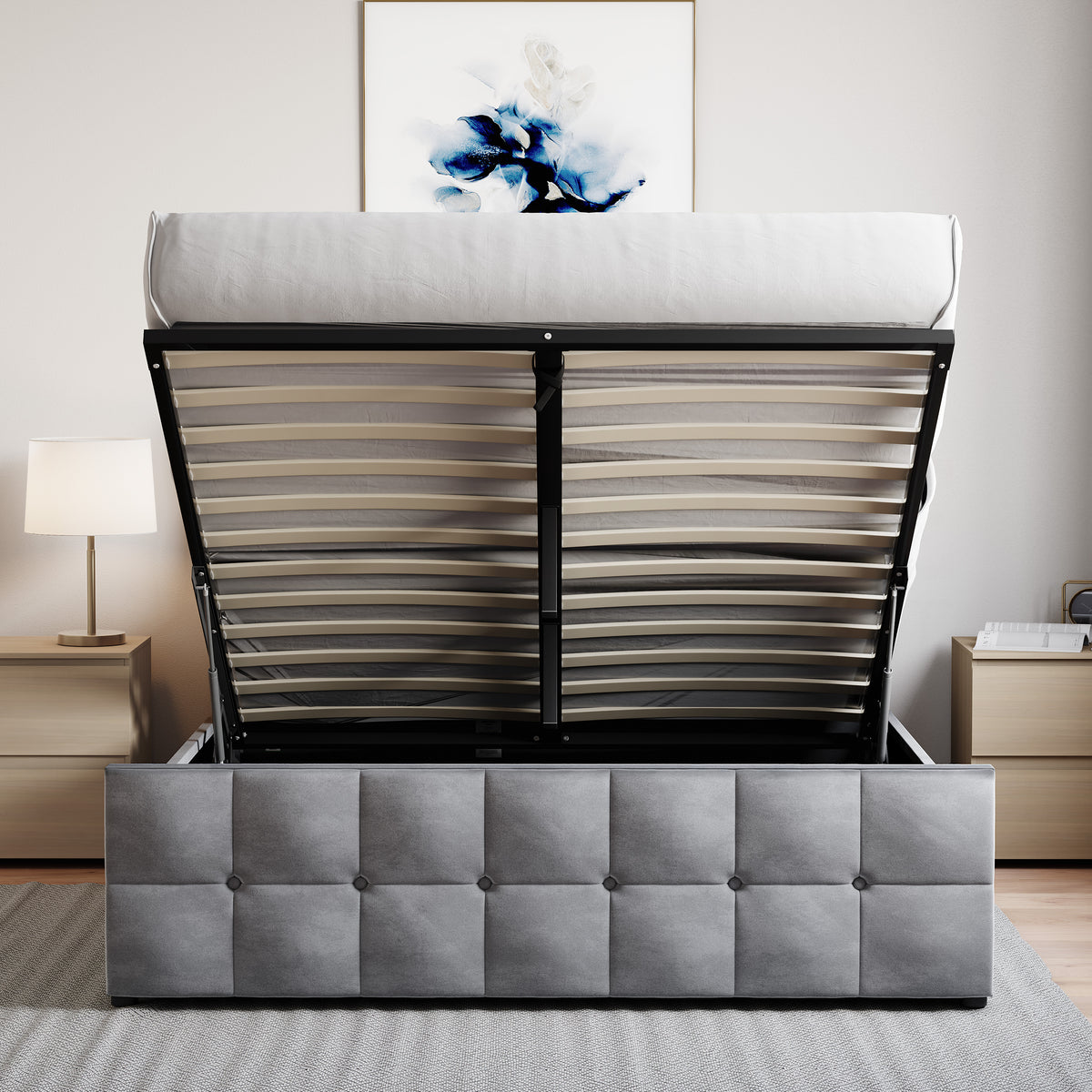 Valentina King Size Velvet Ottoman Bed, Light Grey UKFR