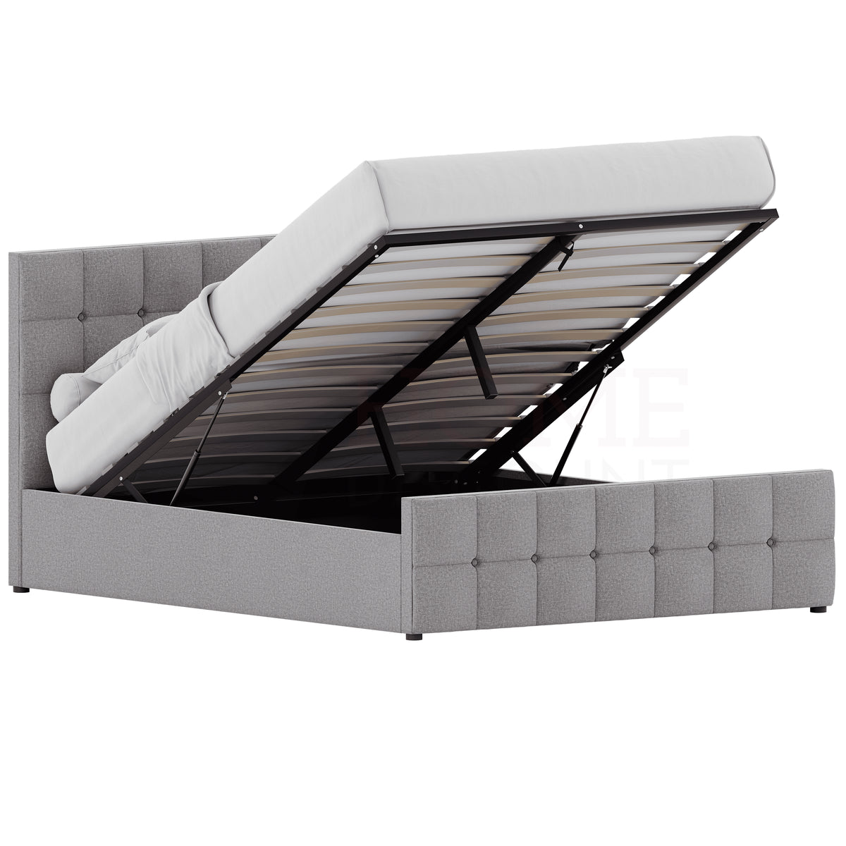 Valentina King Size Linen Ottoman Bed, Light Grey upholstered ottoman bed with lift-up storage
