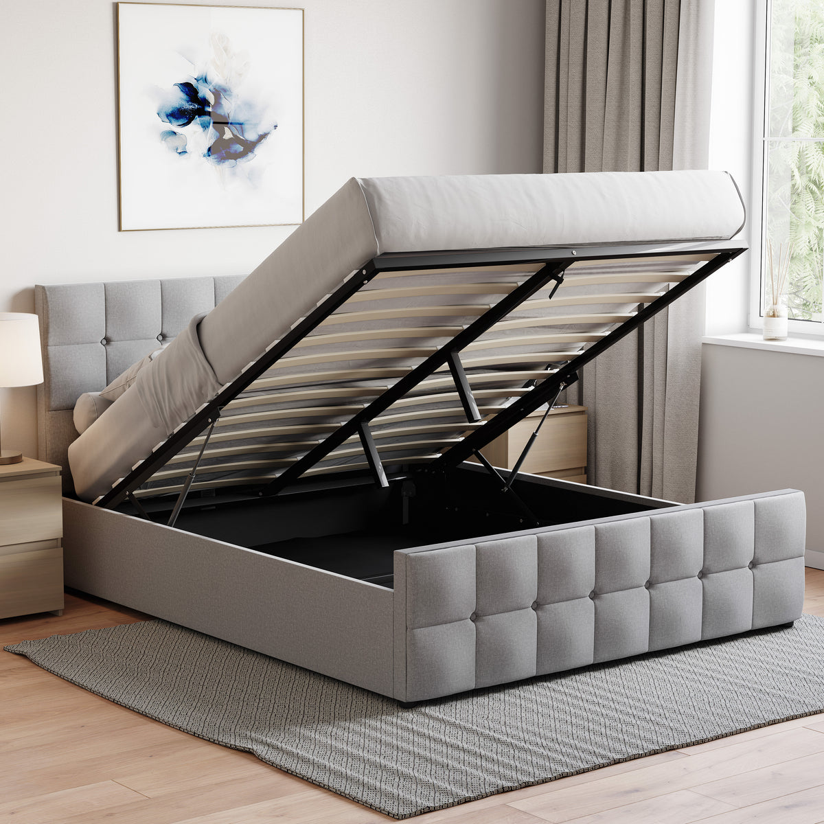 Valentina King Size Linen Ottoman Bed, Light Grey upholstered ottoman bed with lift-up storage
