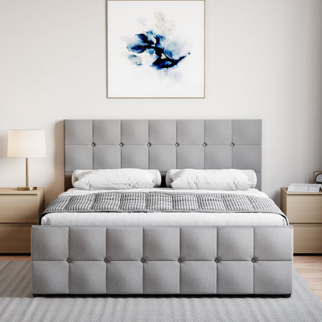 Valentina King Size Linen Ottoman Bed, Light Grey upholstered ottoman bed with lift-up storage
