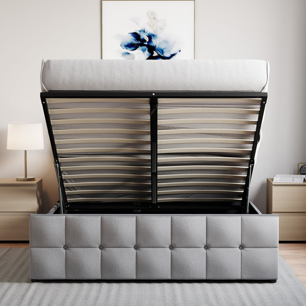 Valentina King Size Linen Ottoman Bed, Light Grey upholstered ottoman bed with lift-up storage
