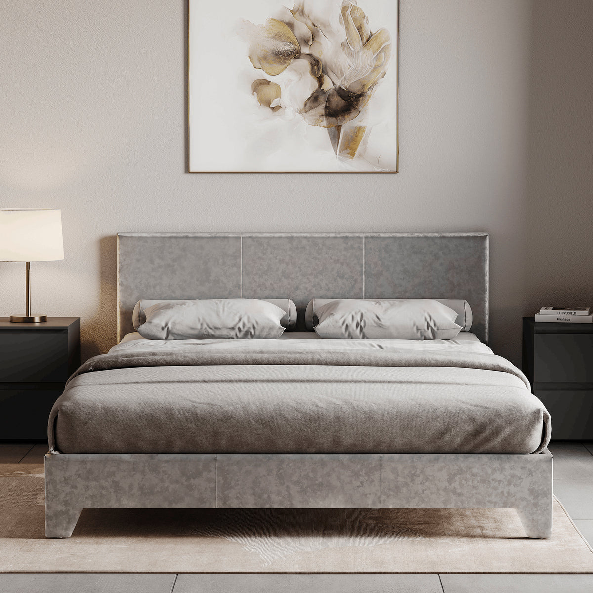 Victoria Double Velvet Bed, Silver UKFR
