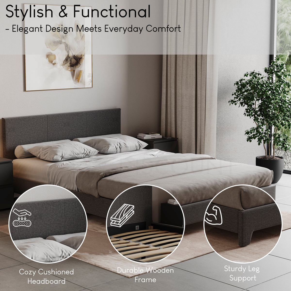 Victoria King Size Linen Bed, Dark Grey UKFR