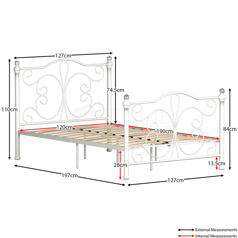 Chicago Small Double Metal Bed, White