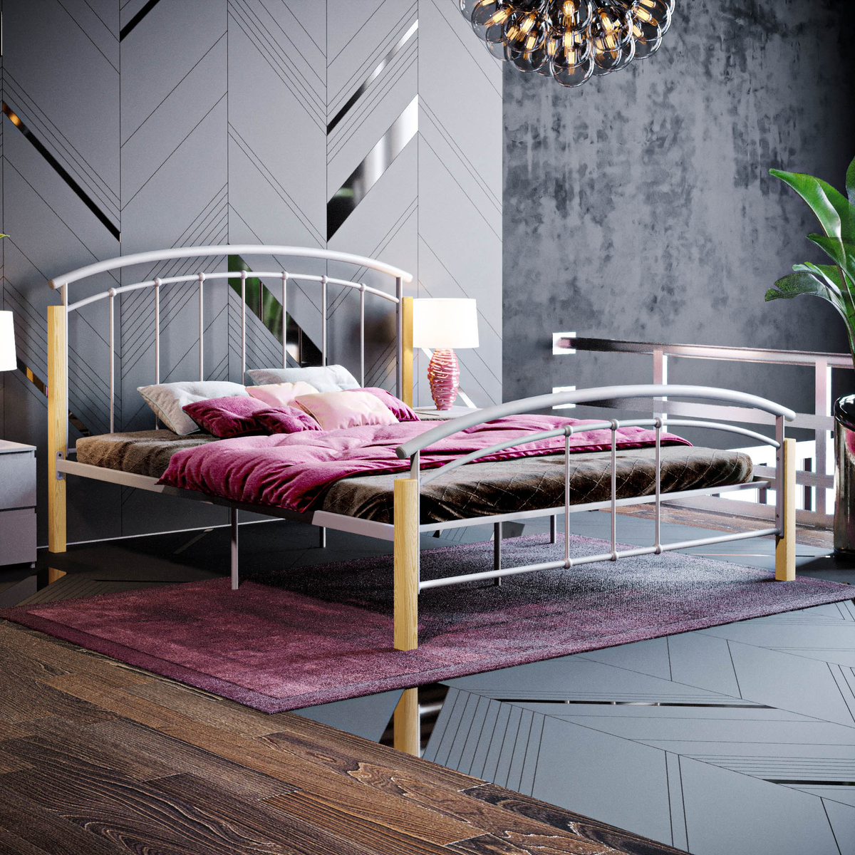 Venice King Size Metal & Wood Bed, Silver