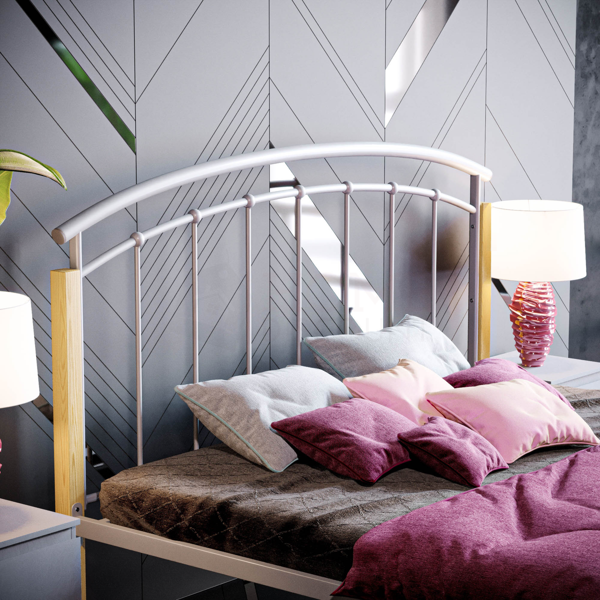 Venice King Size Metal & Wood Bed, Silver