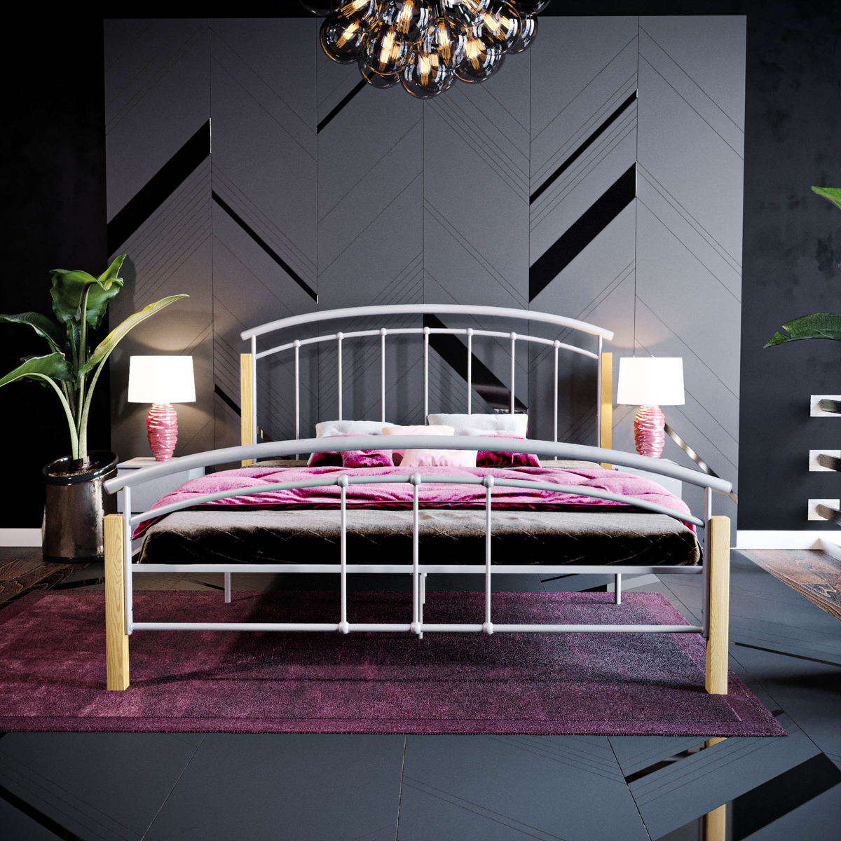 Venice King Size Metal & Wood Bed, Silver