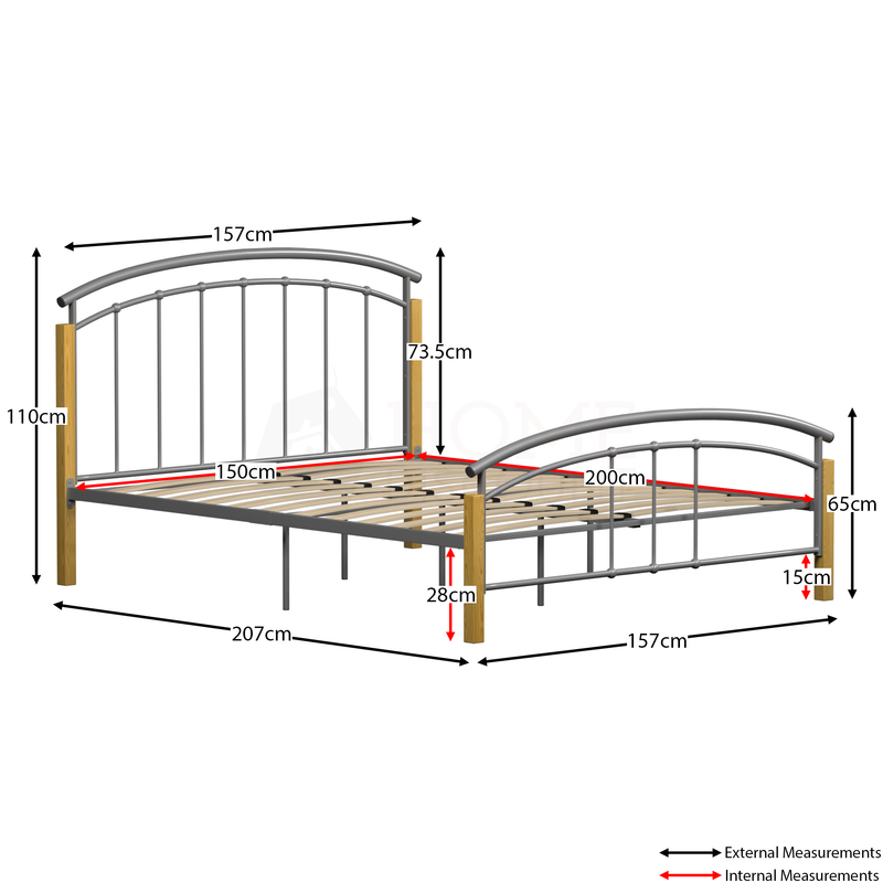 Venice King Size Metal & Wood Bed, Silver