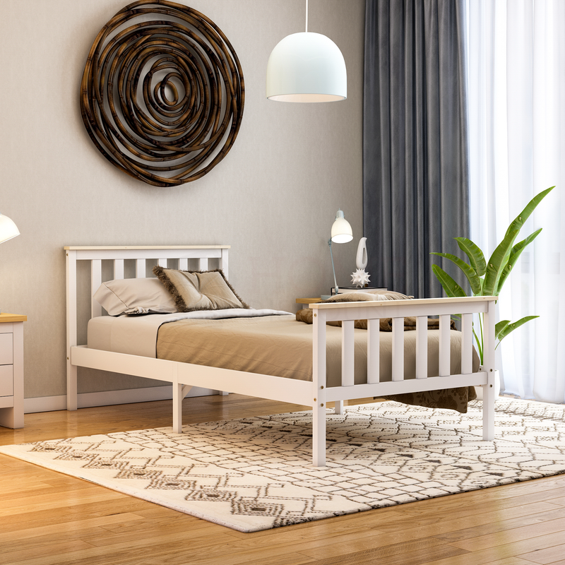 Milan Single Wooden Bed, High Foot, White & Pine