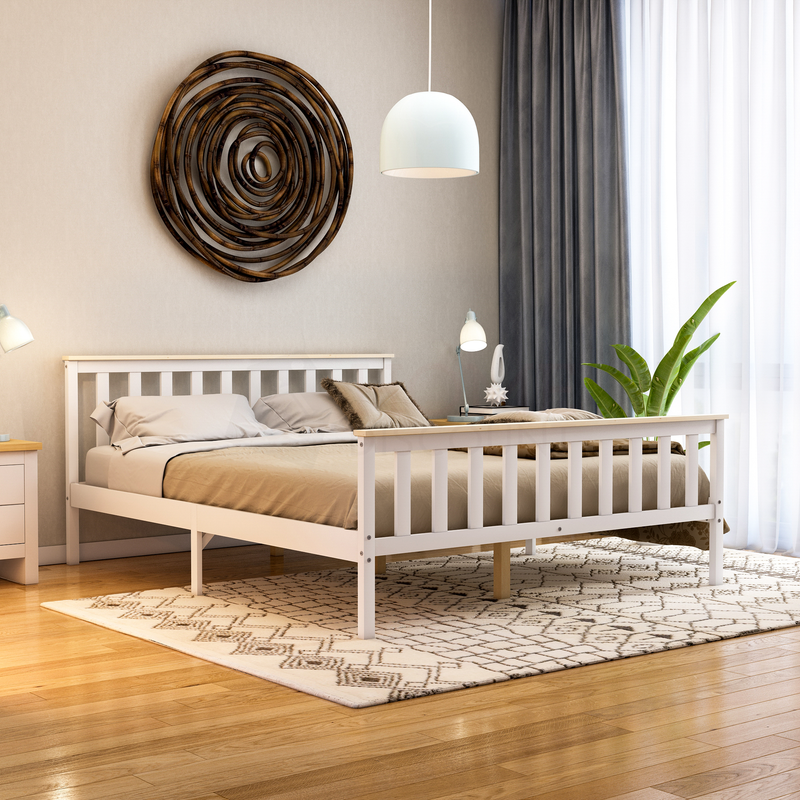 Milan King Size Wooden Bed, High Foot, White & Pine