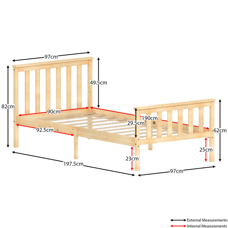 Milan Single Wooden Bed, High Foot, Pine