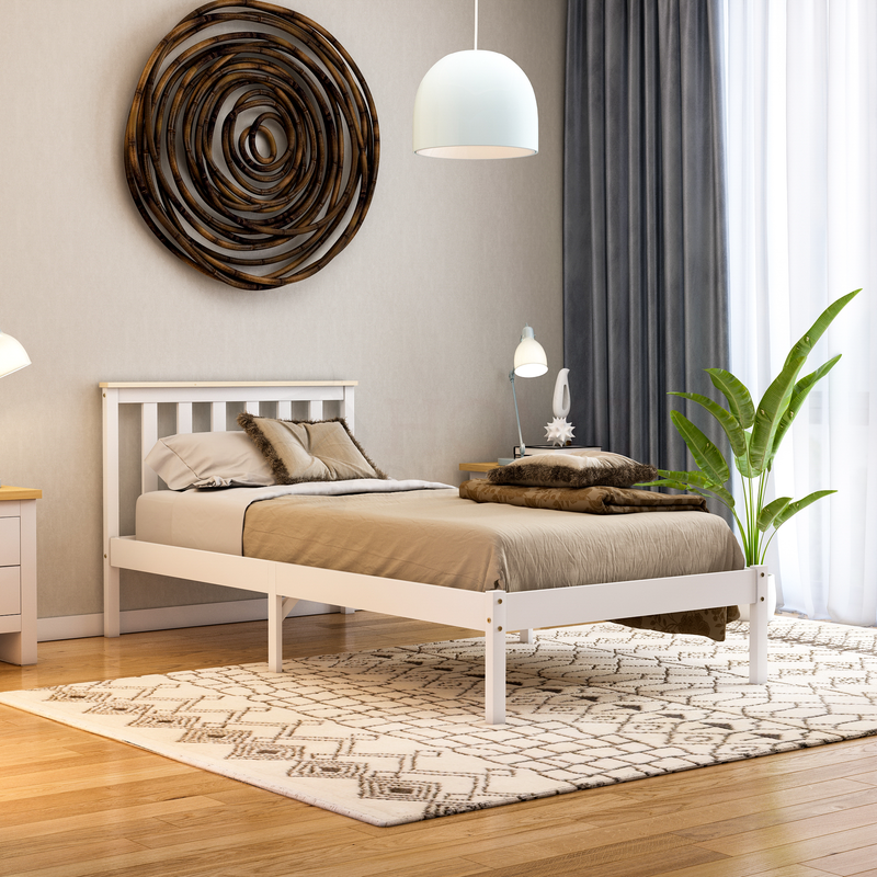 Milan Single Wooden Bed, Low Foot, White & Pine