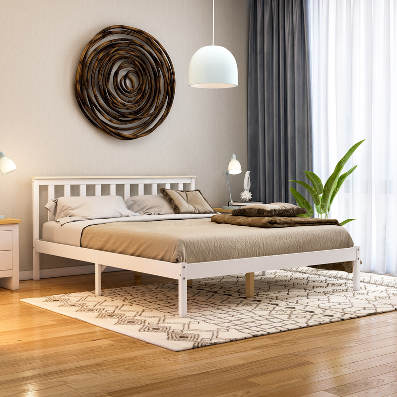 Milan King Size Wooden Bed, Low Foot, White & Pine