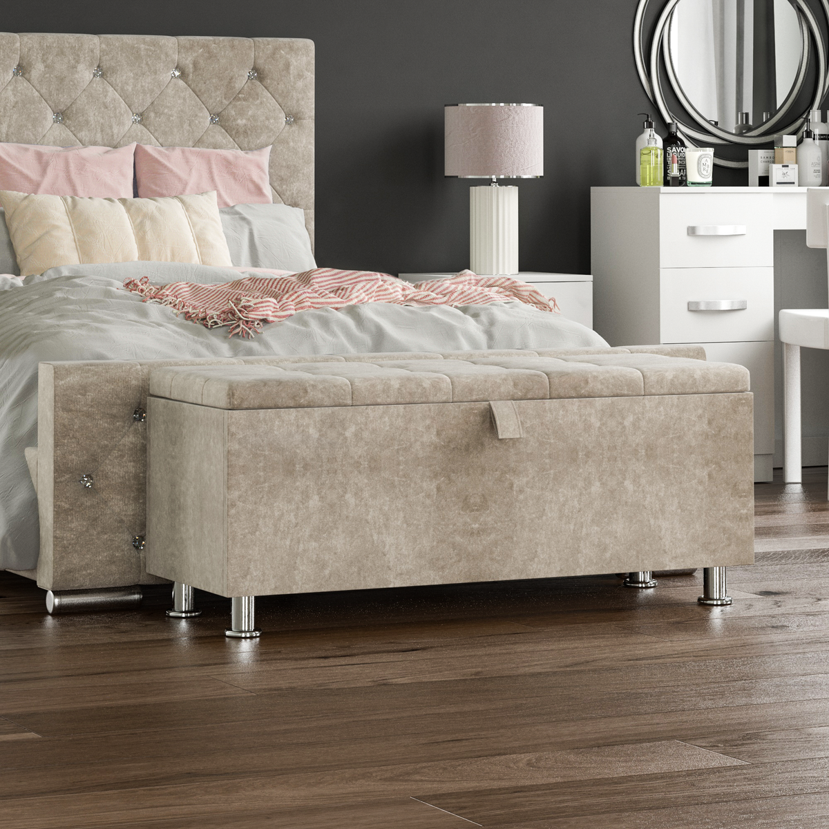 Valencia Crushed Velvet Storage Ottoman, Champagne UKFR