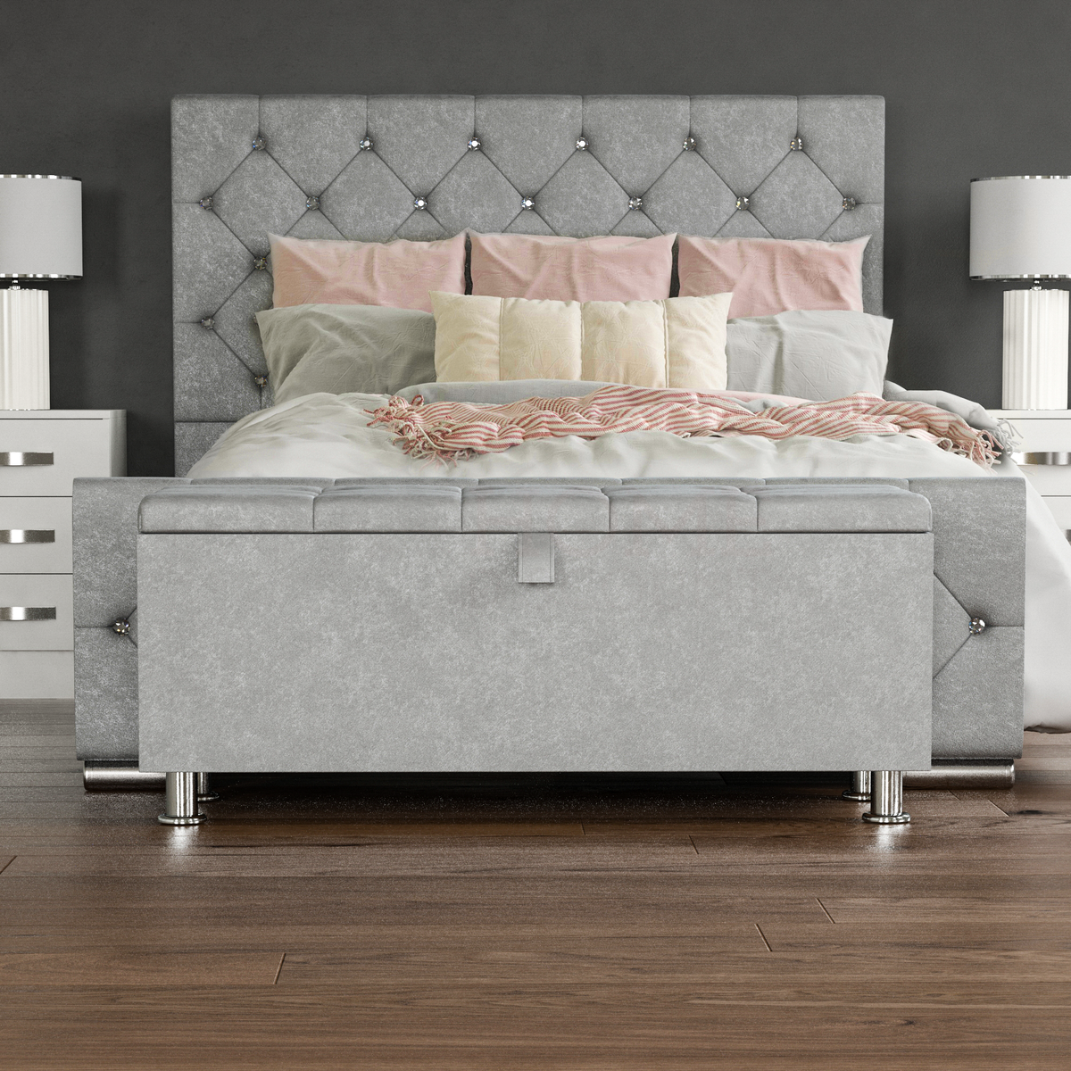 Valencia Velvet Storage Ottoman, Light Grey UKFR