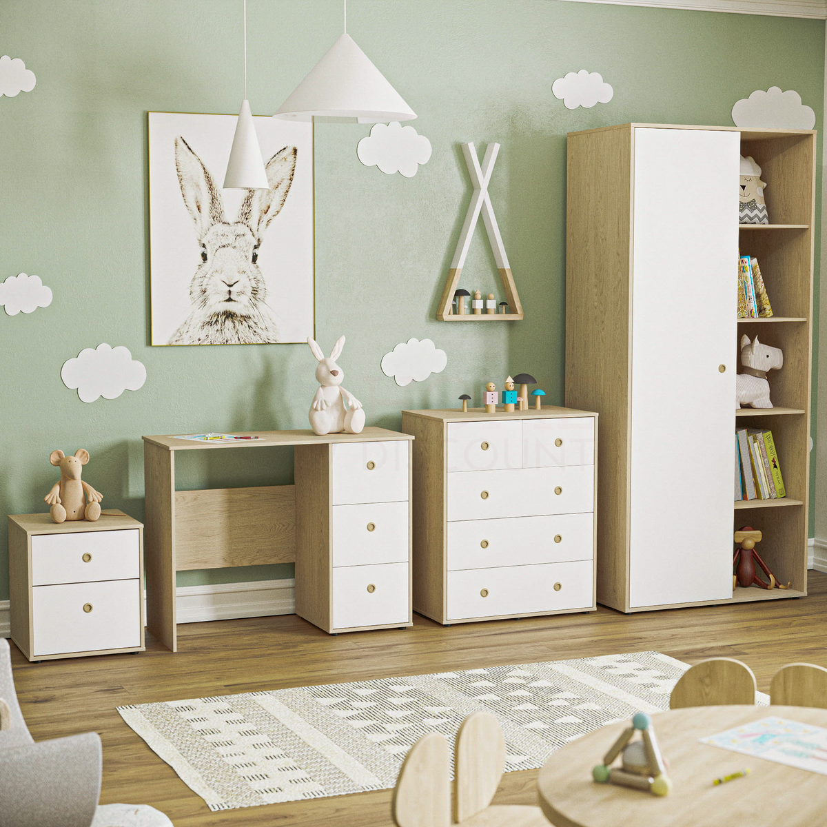 Neptune 4-Piece Bedroom Set - White & Oak (Desk, Bedside Table, Drawer Chest, Wardrobe)