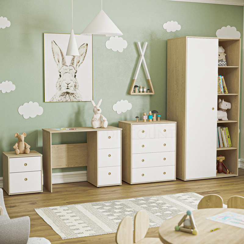 Neptune 4 Piece Bedroom Set, White & Oak (Desk, Bedside Table, Drawer Chest, Wardrobe)