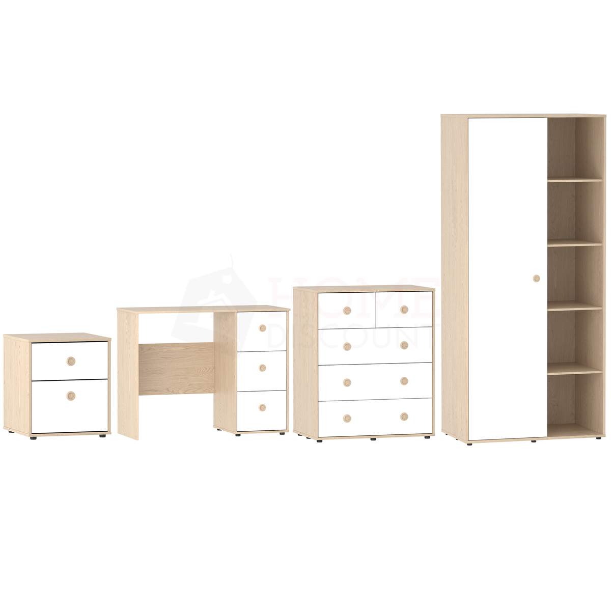 Neptune 4-Piece Bedroom Set - White & Oak (Desk, Bedside Table, Drawer Chest, Wardrobe)