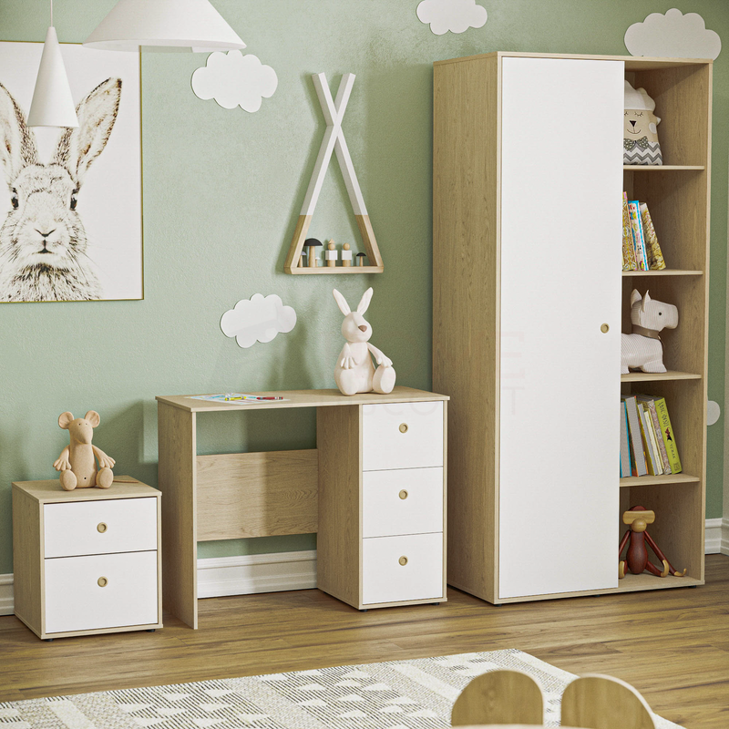 Neptune 3 Piece Bedroom Set, White & Oak (Desk, Bedside Table, Wardrobe)
