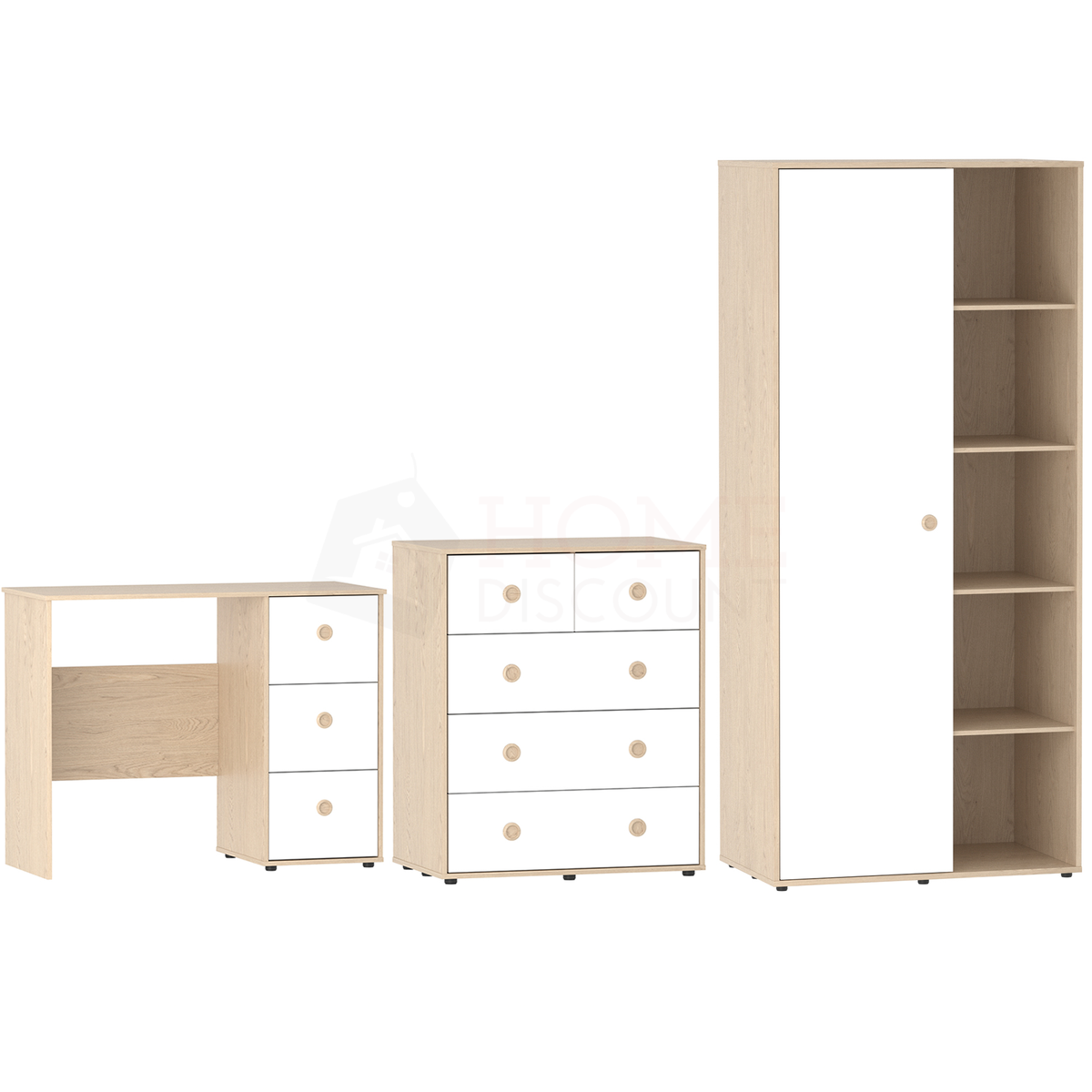 Neptune 3-Piece Bedroom Set - White & Oak (Desk, Drawer Chest, Wardrobe)