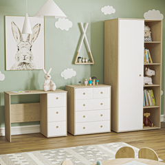 Neptune 3 Piece Bedroom Set, White & Oak (Desk, Drawer Chest, Wardrobe)