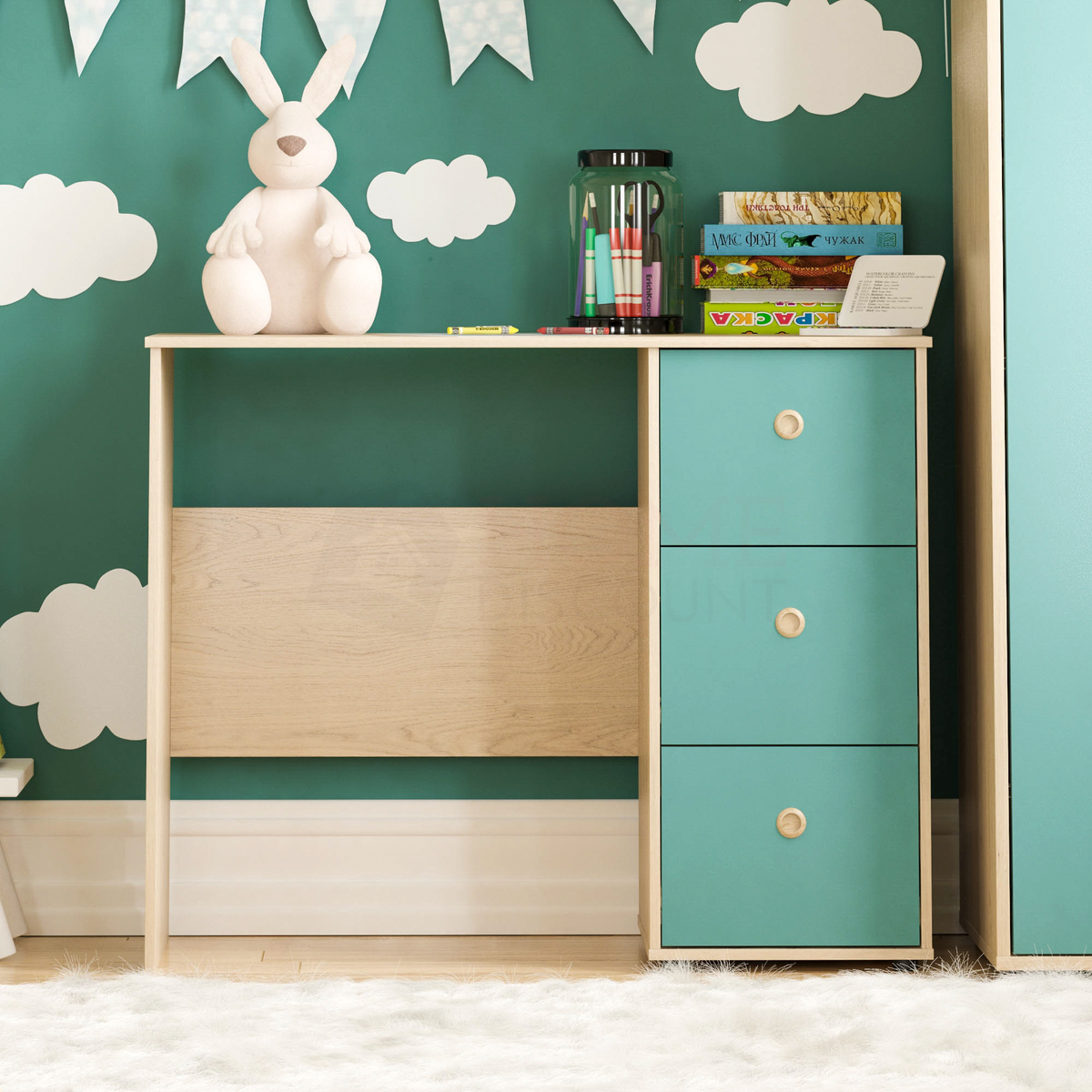 Neptune 3-Drawer Desk - Green & Oak