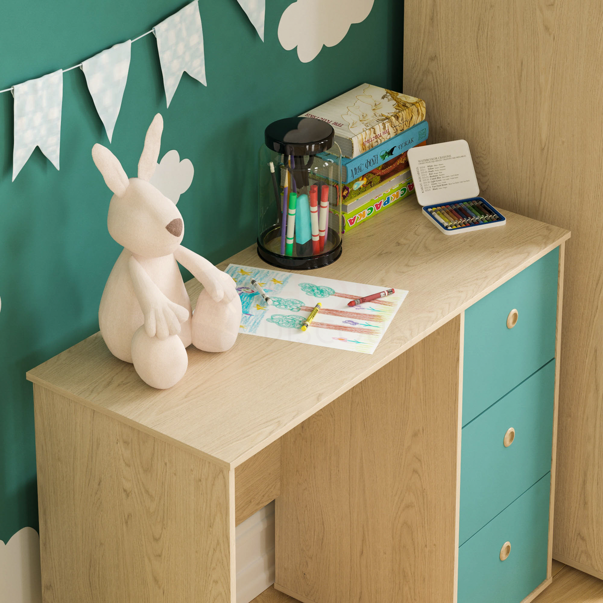 Neptune 3-Drawer Desk - Green & Oak