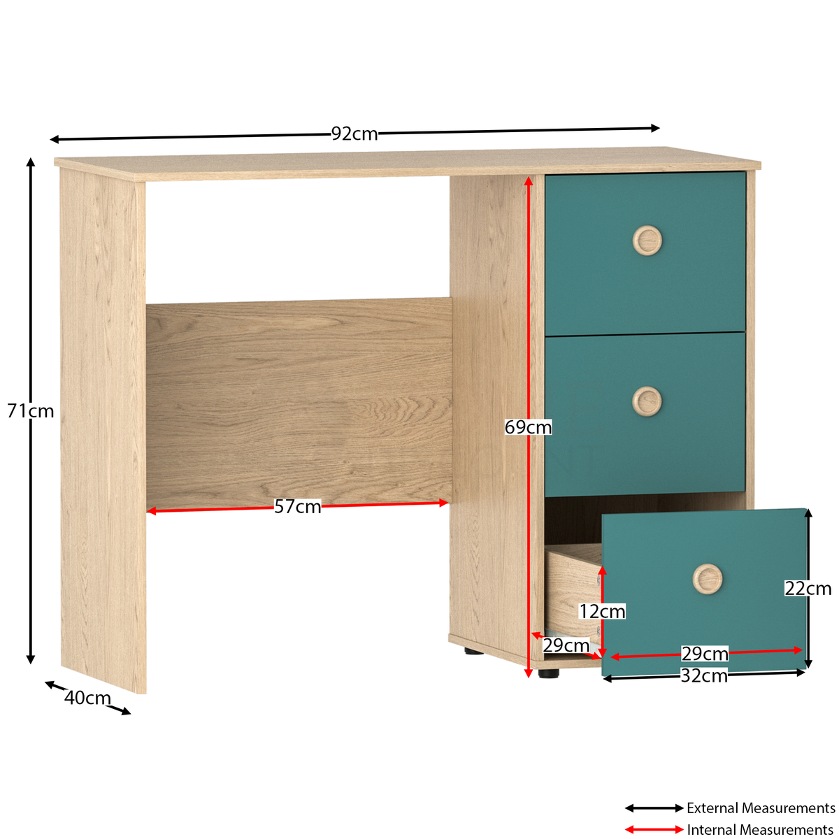 Neptune 3-Piece Bedroom Set - Green & Oak (Desk, Drawer Chest, Wardrobe)