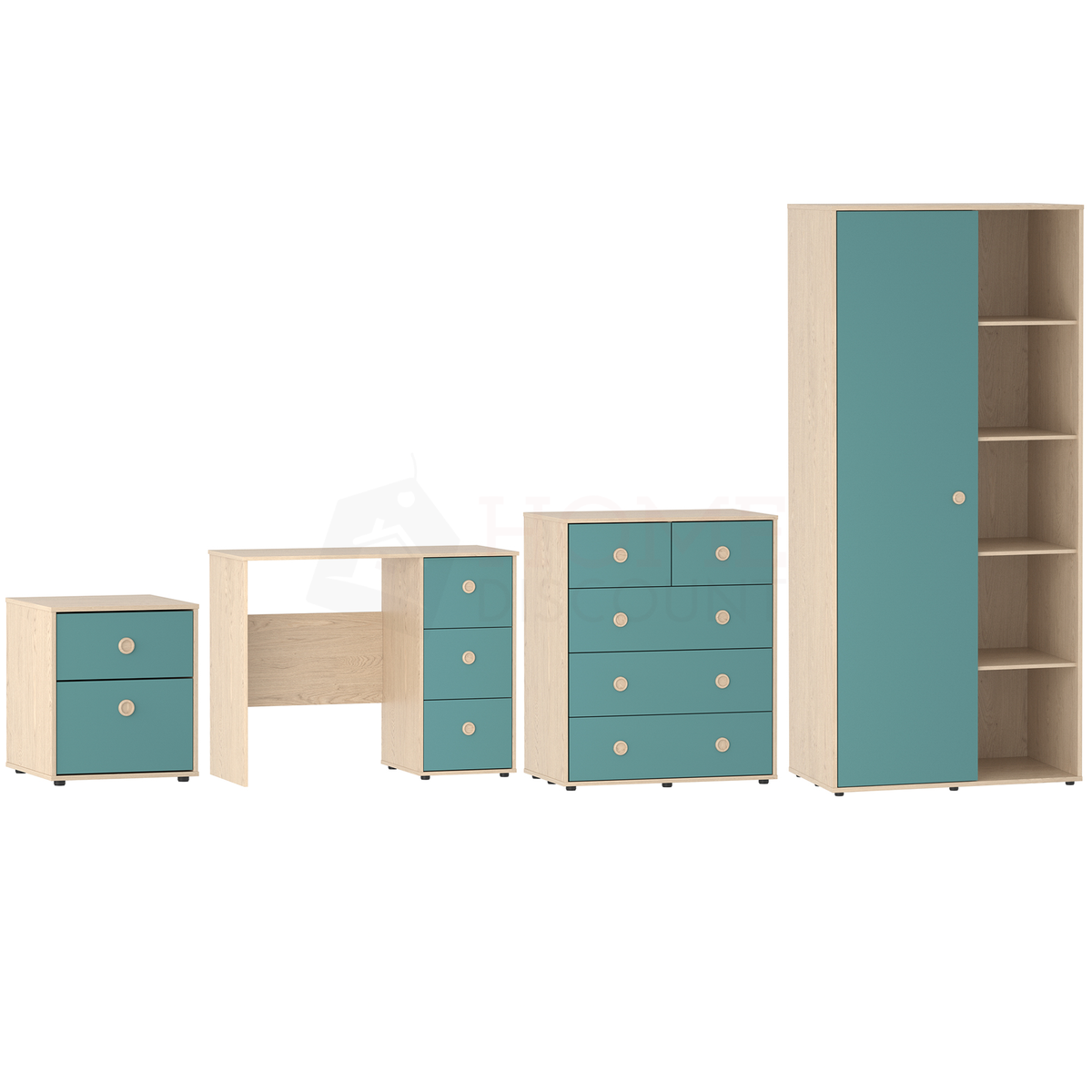 Neptune 4-Piece Bedroom Set - Green & Oak (Desk, Bedside Table, Drawer Chest, Wardrobe)