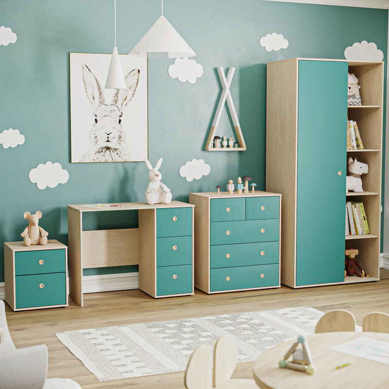 Neptune 4 Piece Bedroom Set, Blue & Oak (Desk, Bedside Table, Drawer Chest, Wardrobe)