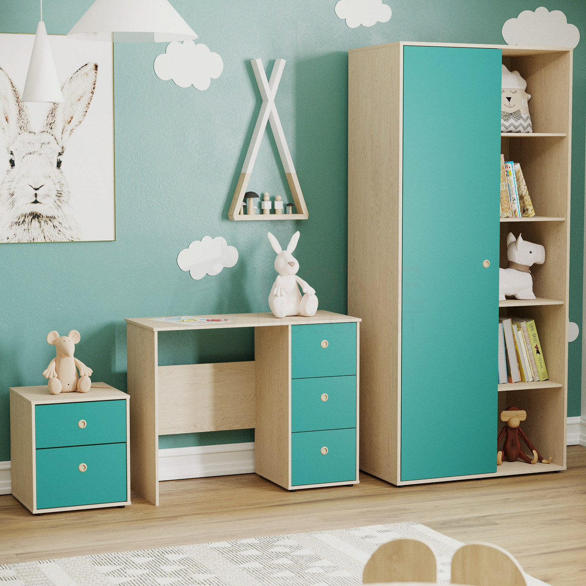 Neptune 3-Piece Bedroom Set - Green & Oak (Desk, Bedside Table, Wardrobe)
