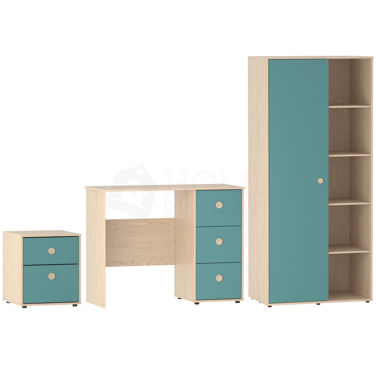 Neptune 3-Piece Bedroom Set - Green & Oak (Desk, Bedside Table, Wardrobe)