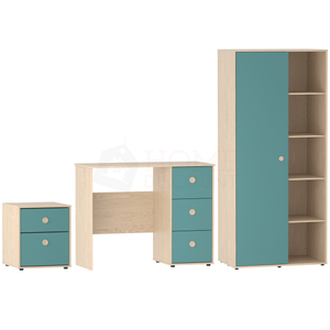 Neptune 3-Piece Bedroom Set - Green & Oak (Desk, Bedside Table, Wardrobe)